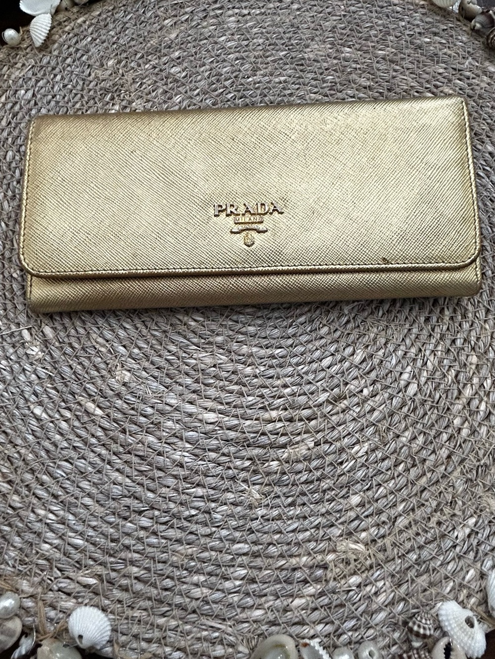 Prada Metallic Gold Saffiano Leather Continental Wallet